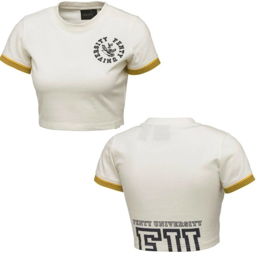 Puma White Crop Tee with Yellow Sleeve Stripes
